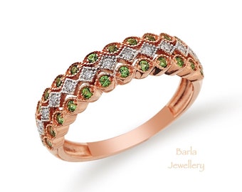 14k Rose Gold Tsavorite Diamond Ring: Green Garnet Wedding Band