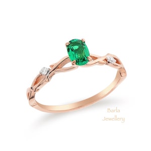 Emerald Ring, Oval Green Emerald and Diamond Ring, 14k Gold Emerald Engagement Ring, Natural Emerald Promise Ring, May Birthstone, For Her