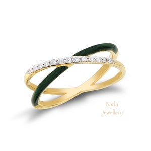 Green Enamel Ring, Criss Cross Diamond Ring, 14k Summer Enamel Ring, X Diamond Enamel Ring, 14k Rose Gold Diamond Ring, Colorful Enamel Ring