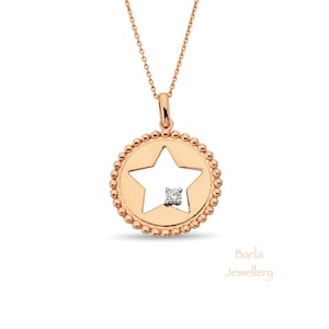 Diamond Necklace, 14k Gold Necklace, Star Charm Necklace, Tiny Star Diamond Choker, Diamond Choker Necklace, Genuine Diamond Pendant,For Her