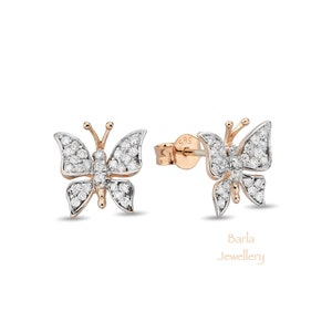 Diamond Butterfly Earrings, 14k Rose Gold Stud Earrings, Daily Butterfly Earrings, Tiny Butterfly Diamond Earrings, Diamond Butterfly Studs