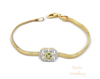 14k Gold Green Sapphire Diamond Bracelet - Handmade Chain Bracelet