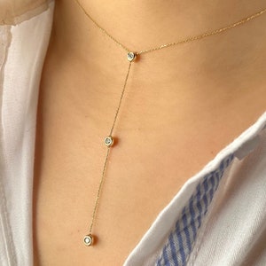 Bezel Diamond Lariat Necklace, Y Necklace, 14K Solid Gold Dainty Y Necklace, Gold Petite Diamond Necklace For Women, Mother&#39;s day Gift
