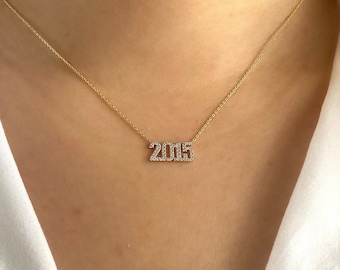 Collar de año de diamantes, collar de año de nacimiento de oro de 14 k, collar de números, collar de año personalizado, collar de fecha de nacimiento del año, regalo personalizado