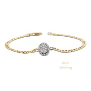Cuban Chain Bracelet, 14k Gold Hollow Curb Link Oval Cut Diamond Bracelet, Dainty Diamond Bracelet, Tiny Diamond Bracelet, Gifts For Mom