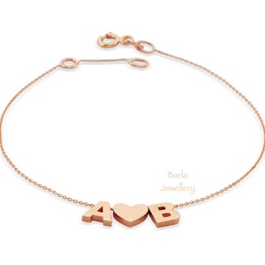 Pulsera con inicial pequeña de oro de 14 quilates, joyería personalizada, pulsera con letra de oro rosa, pulsera personalizada, pulsera con inicial personalizada