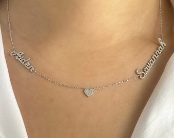 Collar de corazón de múltiples nombres de diamantes, collar de familia personalizado de dos nombres de diamantes de 14k, regalo personalizado, colgante de nombre de diamante delicado