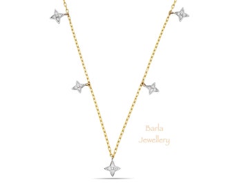 14k Gold Diamond Star Charm Necklace: Dainty Dangling Choker