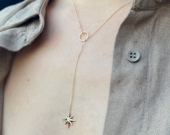 Compass Necklace, Diamond Lariat Necklace, 14k Gold Y Necklace, Rose Gold Compass Lariat Necklace, Solid Gold Y Necklace, Diamond Y Pendant