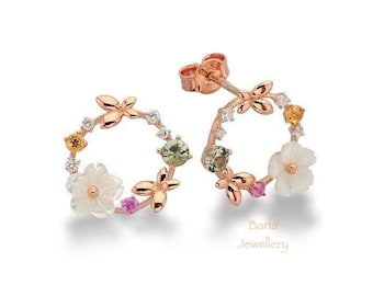 14k Gold Flower Earrings, Diamond, Sapphire, Dainty Floral Studs