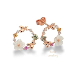 Unique Diamond and Sapphire Flower Earring, 14k Gold Diamond Earring, Solid Gold Dainty Diamond Earring, Flower Diamond Earring, For Her