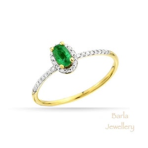Emerald Ring, Oval Green Emerald and Diamond Ring, 14k Gold Emerald Engagement Ring, Genuine Emerald Promise Ring, May Birthstone, For Her