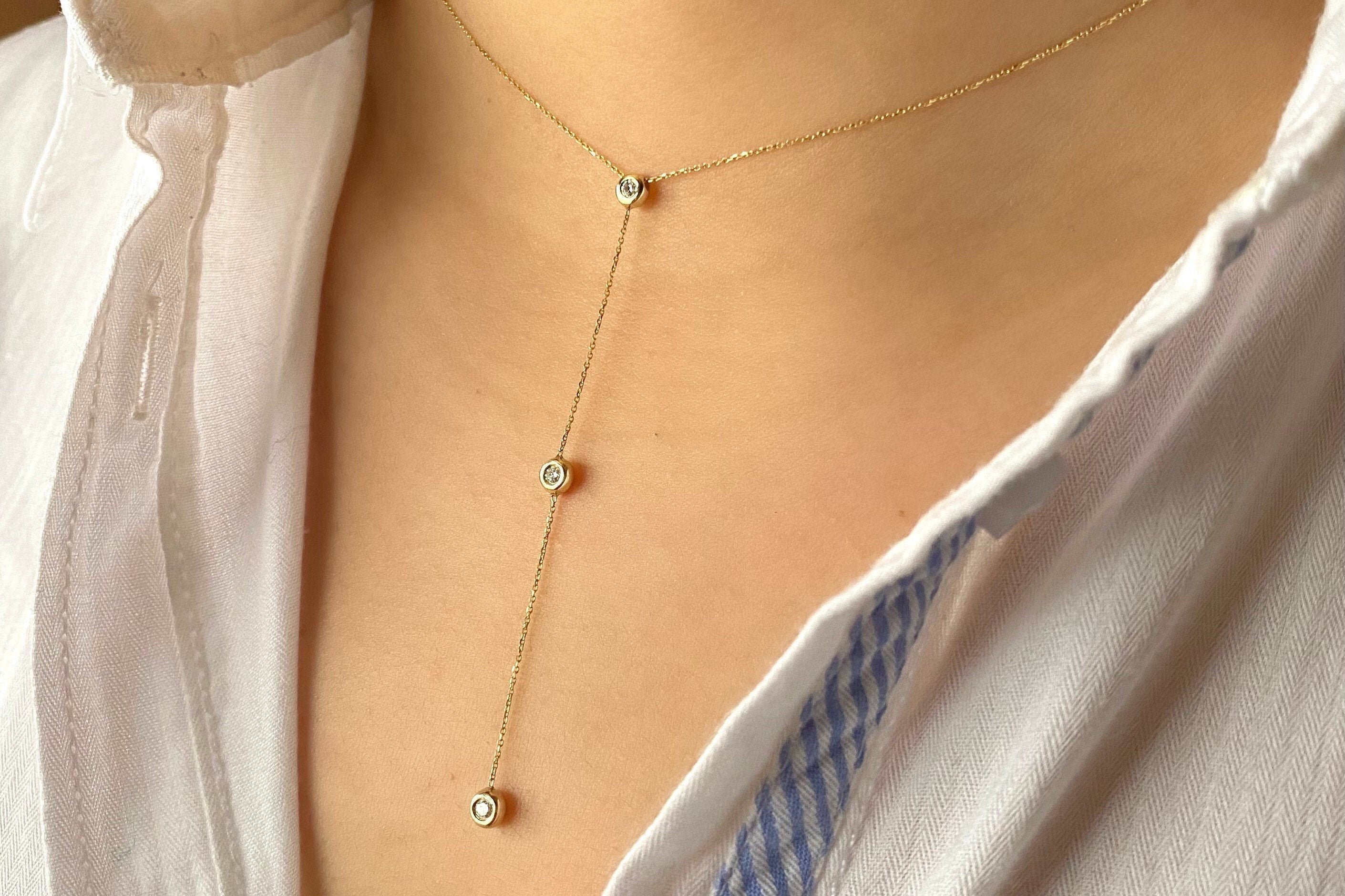 Bezel Diamond Lariat Necklace Y Necklace 14K Solid Gold Etsy