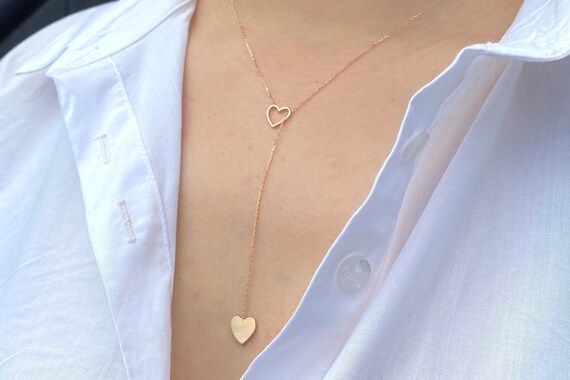 Gold Heart Lariat Necklace Double Heart Y Necklace Lariat Love