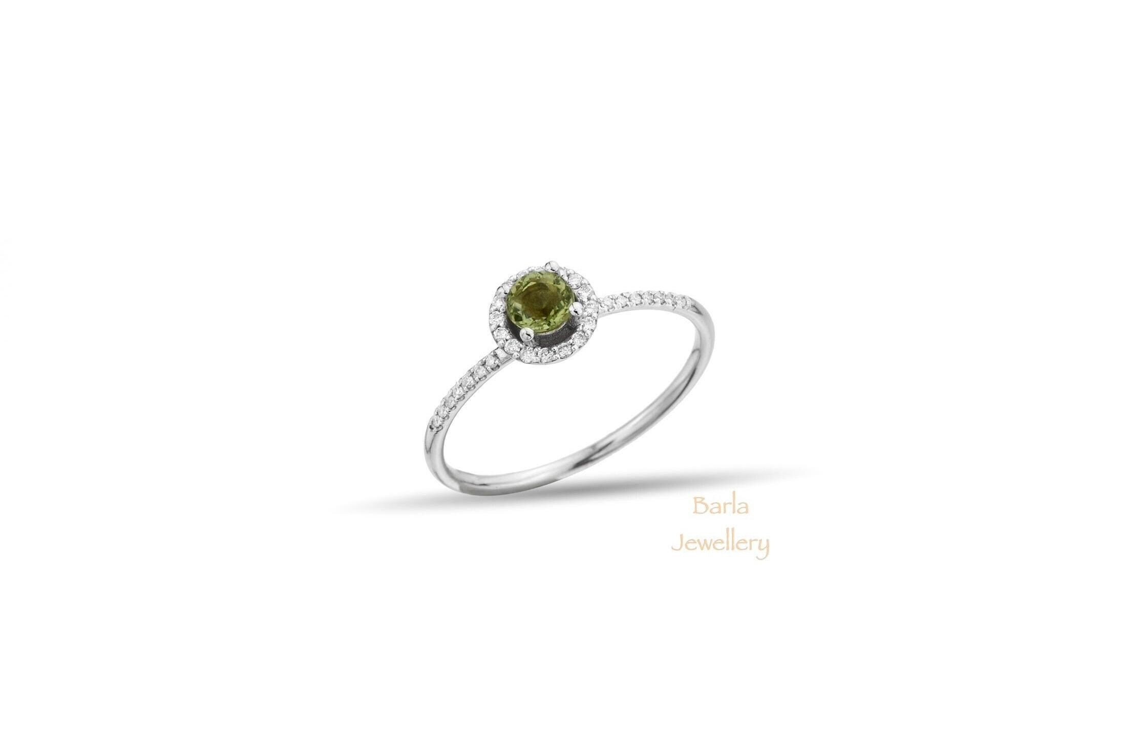 Green Tourmaline Ring, 14k Gold Tourmaline and Diamond Ring, Natural Round Cut Green Tourmaline Ring, October Birthstone Ring, Gift For Her