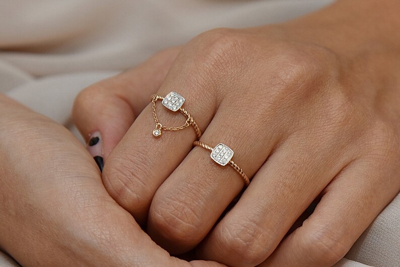 14k Rose Gold Diamond Dangle Ring: Stackable Engagement Ring - Etsy