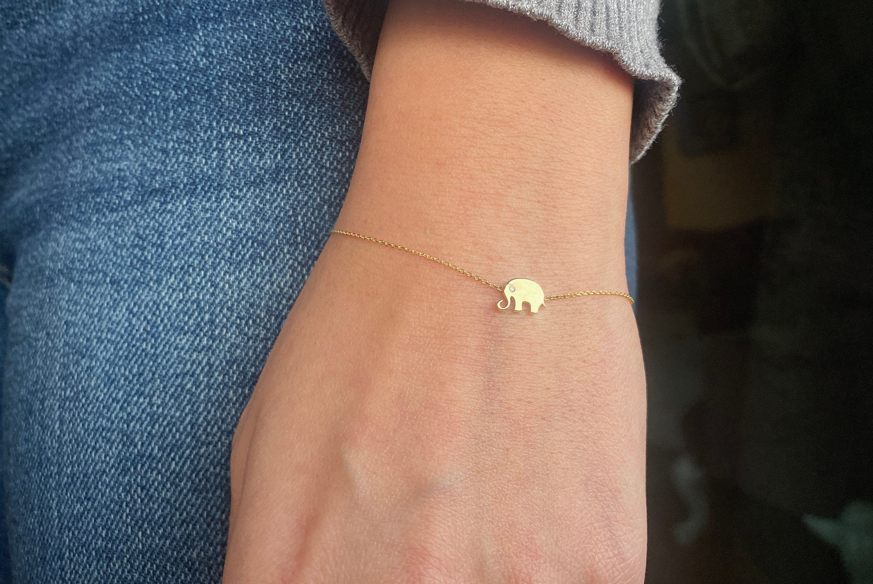 Elephant Bracelet, Diamond Elephant Bracelet in 14k Gold, Gold Bracelet, Baby Elephant Bracelet, Tiny Lucky Charm Bracelet, Animal Bracelet