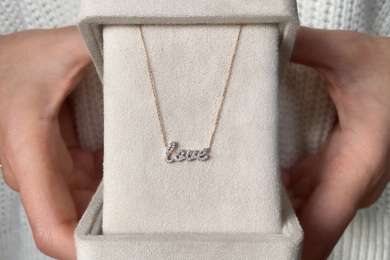 Tiny Diamond Love Necklace, Minimalist Diamond Love Pendant in 14k Gold, Rose Gold Necklace, Diamond Pendant, Valentines Day Sale, For Her image 6