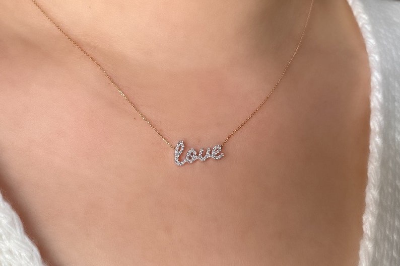 Tiny Diamond Love Necklace, Minimalist Diamond Love Pendant in 14k Gold, Rose Gold Necklace, Diamond Pendant, Valentines Day Sale, For Her image 3