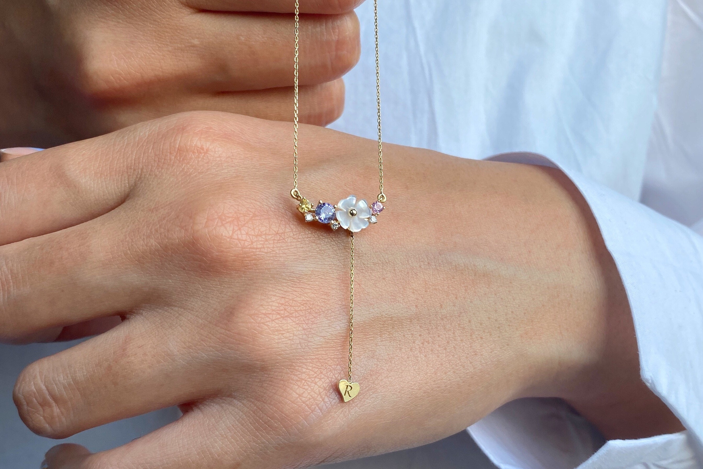 Initial Necklace 14k Solid Gold Dainty Flower and Initial Etsy