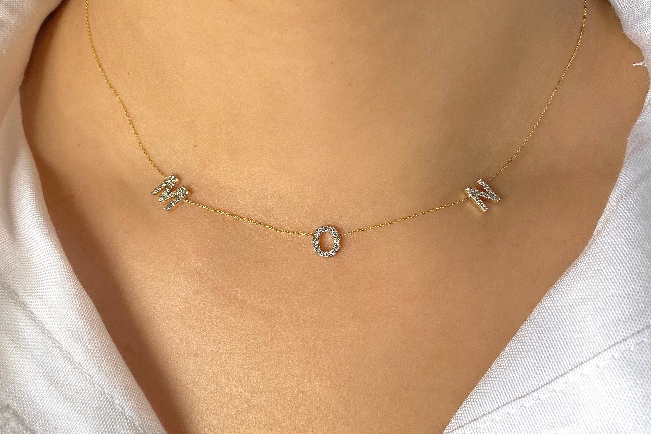 14k Diamond 3 Letter Necklace Initial Necklace Sideways Etsy