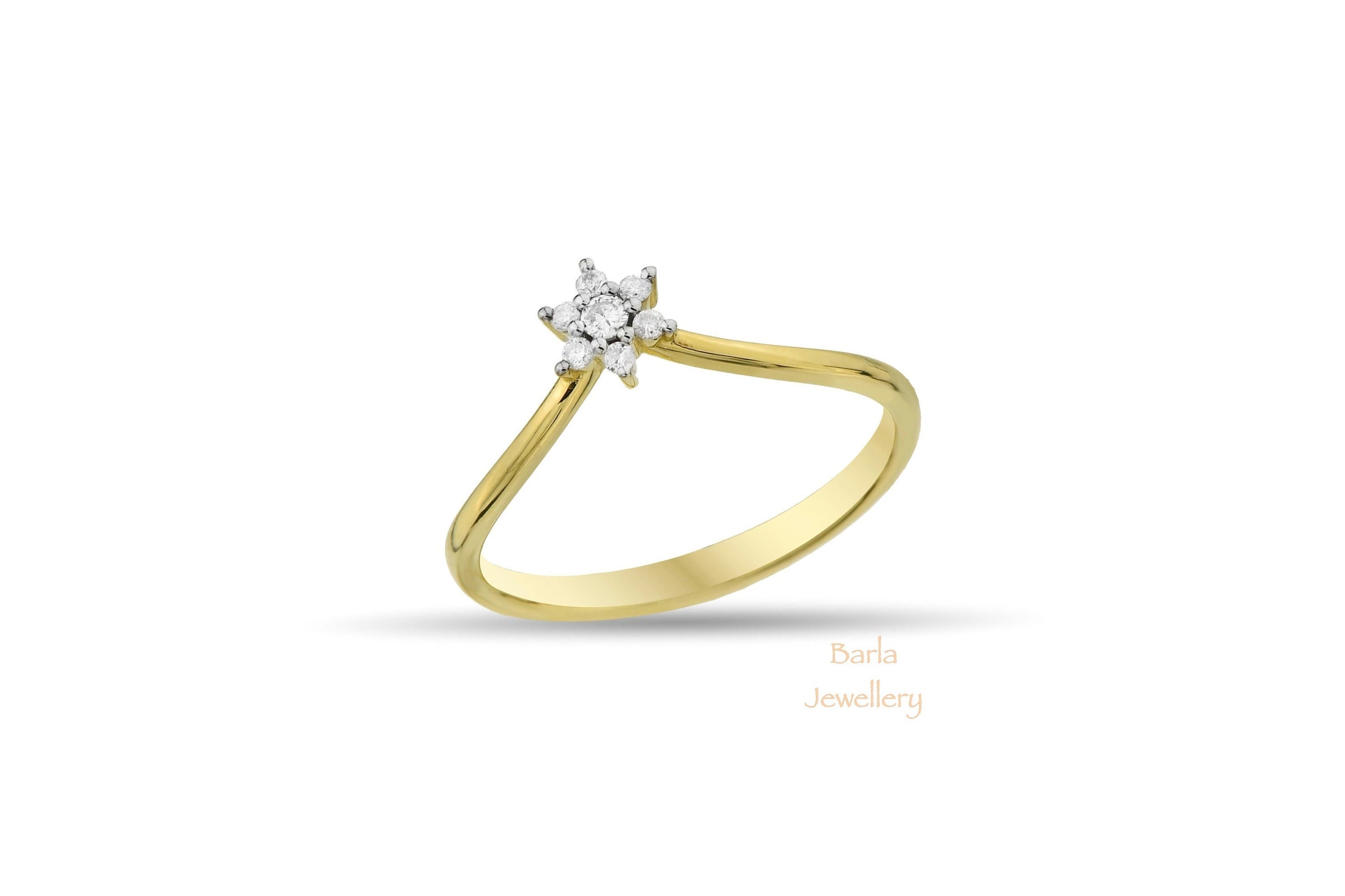 Diamond Flower Ring, 14k Gold Curved Flower Ring, Dainty Flower Chevron Ring, Tiny Diamond Flower, Diamond Cluster V Ring, Christmas Sale
