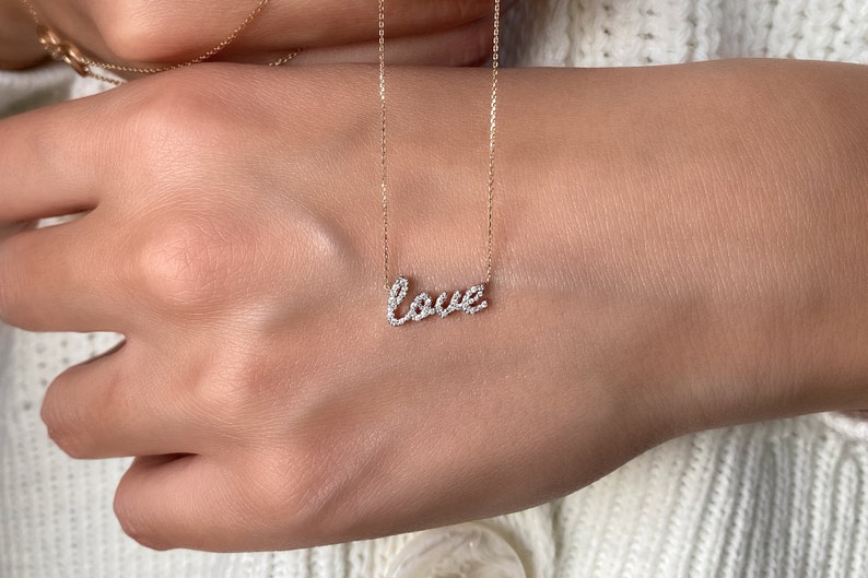 Tiny Diamond Love Necklace, Minimalist Diamond Love Pendant in 14k Gold, Rose Gold Necklace, Diamond Pendant, Valentines Day Sale, For Her image 4