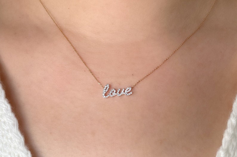 Tiny Diamond Love Necklace, Minimalist Diamond Love Pendant in 14k Gold, Rose Gold Necklace, Diamond Pendant, Valentines Day Sale, For Her image 2