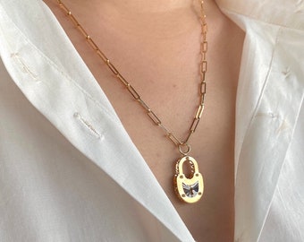 Dainty 14K Solid Gold Lock Necklace, Padlock Pendant