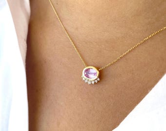 14K Gold Pink Sapphire Oval Diamond Pendant Necklace September Birthstone