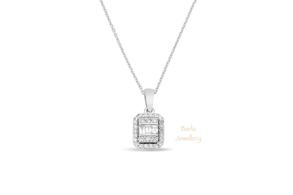 Baguette Diamond Necklace 14k Gold Baguette and Round Cut Diamond