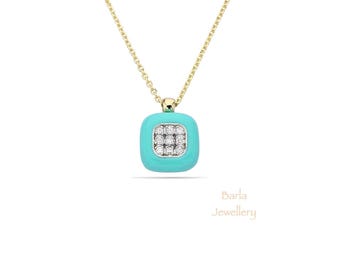 14K Gold Diamond Blue Enamel Square Necklace, Mother's Day Gift