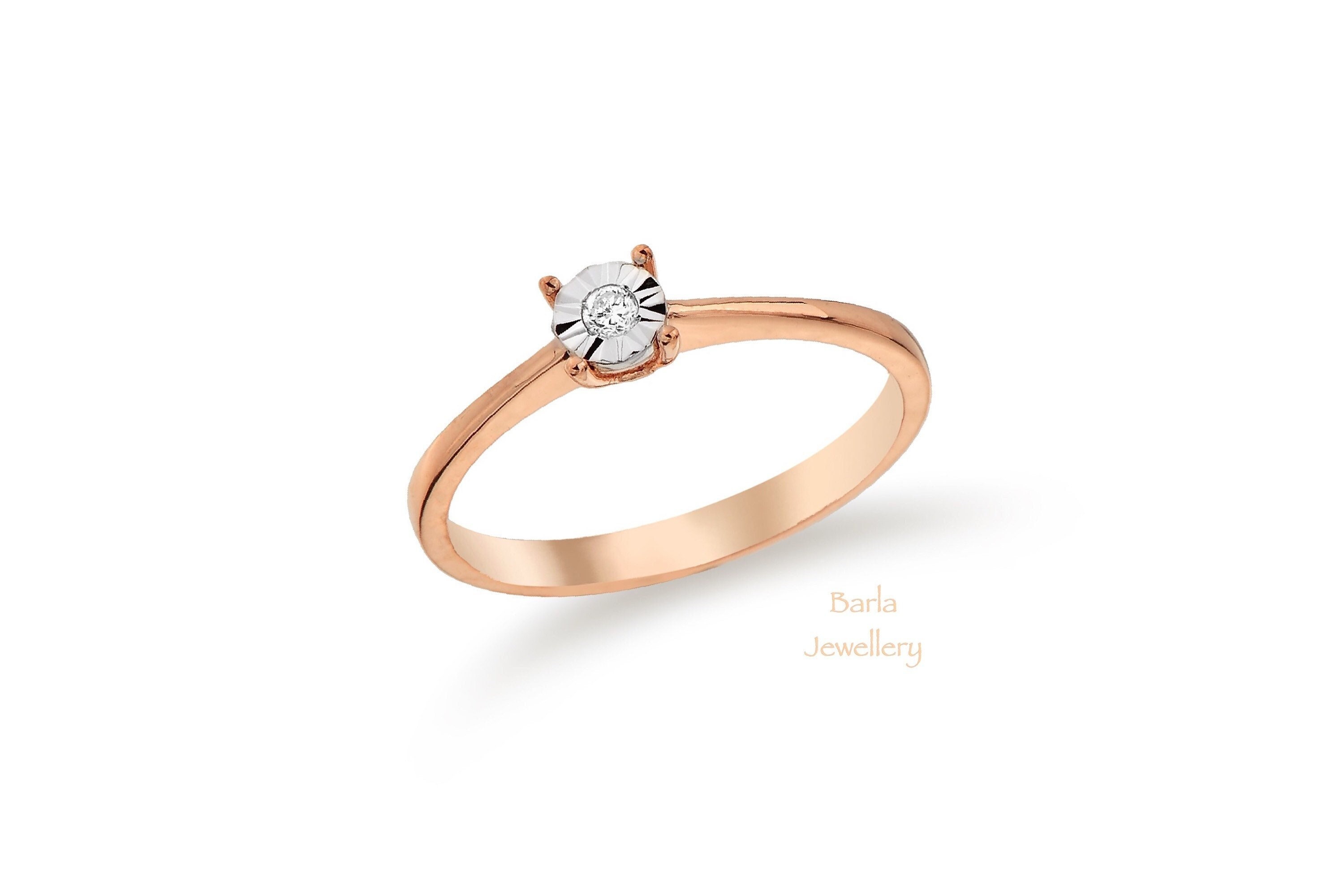 14Kローズゴールドダイヤモンドソリティアリング：ベゼルセッティング