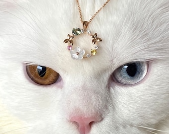 Unique Diamond and Sapphire Flower Necklace, 14k Gold Diamond Necklace, Solid Gold Dainty Diamond Necklace, Flower Diamond Pendant, For Her