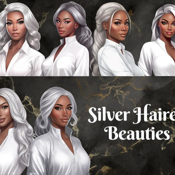 Gorgeous Black Women with Long Silver Straight Hair Clip Art African American Women Clipart Black Woman Melanin Sublimation PNG