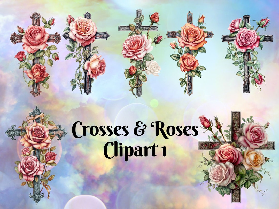 Watercolor Christian Crosses With Pink Roses Clipart Religious - Etsy