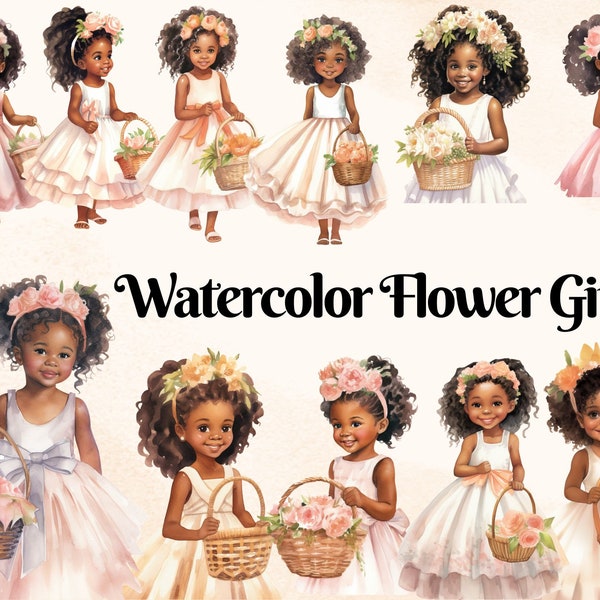 Black Flower Girl in Floral Dresses Clipart African American Wedding Girl Illustrations Black Girl Images Melanin Sublimation Black Child