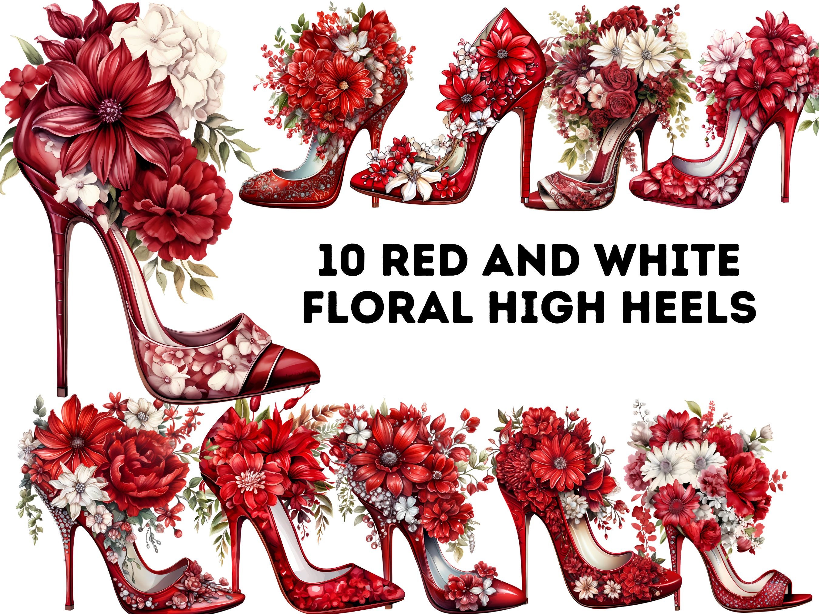Watercolor Red and White Floral High Heel Shoe Clip Art Delta Etsy