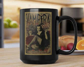 The VAMPIRA Show- Black Coffee Mug 15oz, Maila Nurmi, Plan 9 from Outer Space, Horror Icon