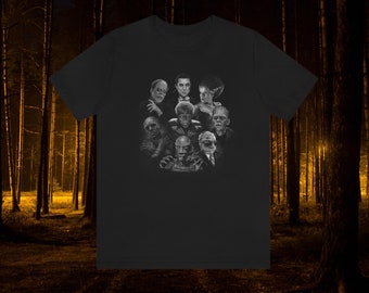 Classic Monsters Shirt - Unisex Short Sleeve Tee, Universal, Iconic Horror Movie Characters, Wolfman, Frankenstein, Dracula