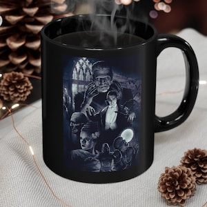 Classic Monsters - Ceramic 11oz Black Mug, Frankenstein, Wolfman, The Mummy, Dracula
