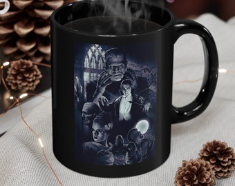 Classic Monsters - Ceramic 11oz Black Mug, Frankenstein, Wolfman, The Mummy, Dracula