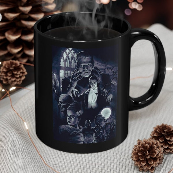 Classic Monsters - Ceramic 11oz Black Mug, Frankenstein, Wolfman, The Mummy, Dracula