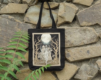 Trio of Witches - TOTE BAG, Nature Goddess Under the Full Moon, Magick, Wiccan, Mother Nature