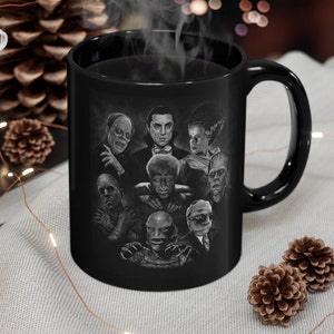 Classic Universal Monsters - 11oz Ceramic Black Mug, Wolfman, Bride of Frankenstein, Dracula, Phantom of the Opera