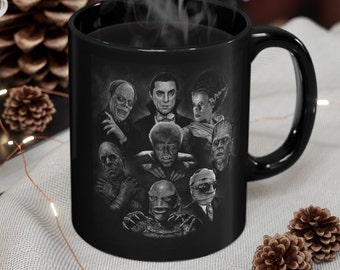 Classic Universal Monsters - 11oz Ceramic Black Mug, Wolfman, Bride of Frankenstein, Dracula, Phantom of the Opera