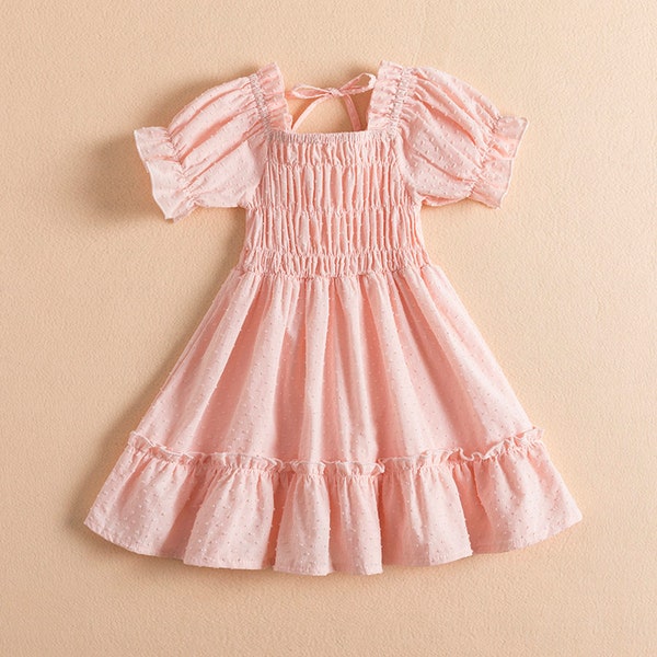 Girls Casual Smocked Puff Sleeve Spring Dress