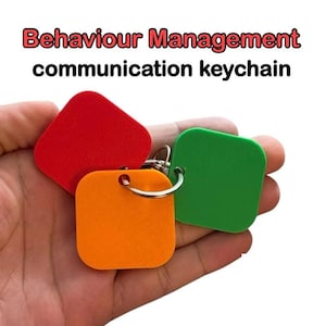 May include: Three colourful keychains in red, orange, and green, each with a rounded square shape and a silver ring. The text "Behaviour Management communication keychain" is visible above the keychains.