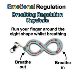 May include: A light blue keychain featuring an infinity symbol with red arrows, labelled "Breathe in" and "Breathe out." Text reads "Emotional Regulation Breathing Regulation Keychain."