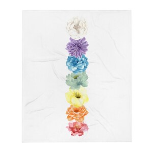 May include: A white background with a vertical row of seven watercolor flowers in rainbow colors. The flowers are white, purple, blue, green, yellow, orange, and pink.